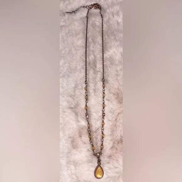 1928 Yellow Moon Crystal Teardrop Copper Tone Pendant Necklace Vintage Style - Picture 2 of 6